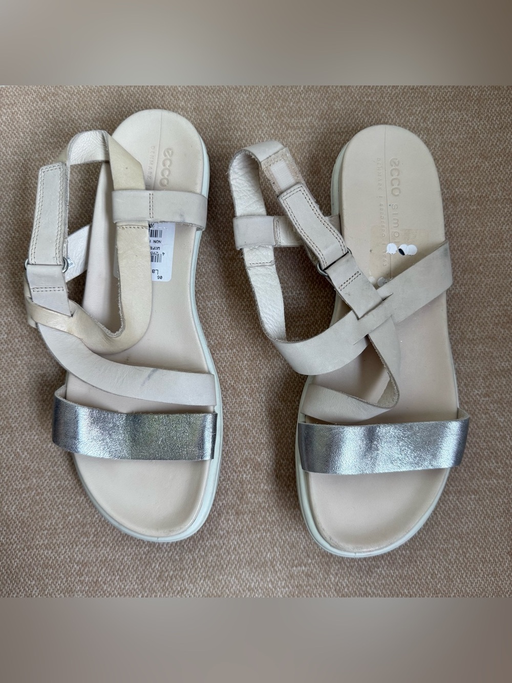 Ecco Women's Silver & Beige Leather Strap Sandals size size 10